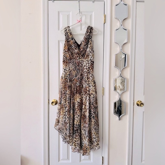 Dresses & Skirts - Chris McLaughlin Brown Chiffon Animal Print Asymmetrical Midi Dress Size M/L
